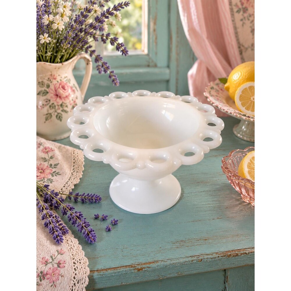 Vintage White Milk Glass Pedestal Bowl – Lace Edge Compote Dish